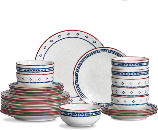 Dinnerware Sets for 8, 24-Piece Stoneware Plates and Bowls Sets for 8 Everyday Dishware Sets for 8, Microwave Safe, Scratch-resistant, Vintage Geometric Design, Service for 8