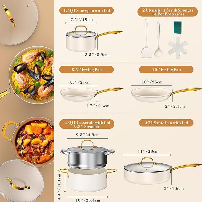 PekGema Ceramic Cookware Set 15-Pieces, Pots and Pans Set Non Stick, Oven Safe Non Toxic, Kitchen Cookware Set, PFOA PTFE FREE, Gold White