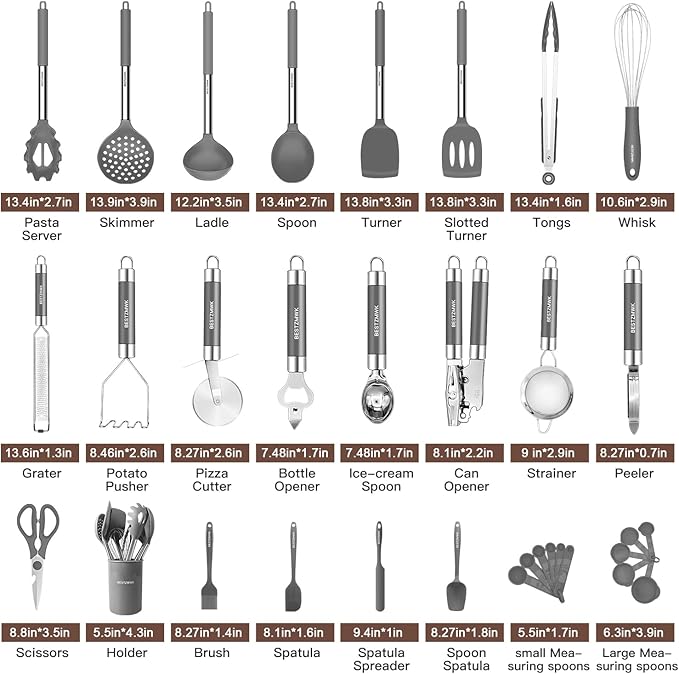 Kitchen Utensils Set-Silicone Cooking Utensils-32pcs Non-Stick Silicone Cooking Kitchen Utensils Spatula Set with Holder-Best Kitchen Cookware with Stainless Steel Handle (Grey)