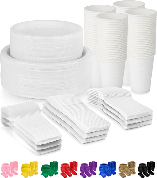 Grandipity 720 Piece White Disposable Dinnerware Set, Plastic Dinnerware Set Includes 120 Count 9' Dinner Plates, 7' Dessert Plates, 12oz Cups, Forks, Knives & Spoons