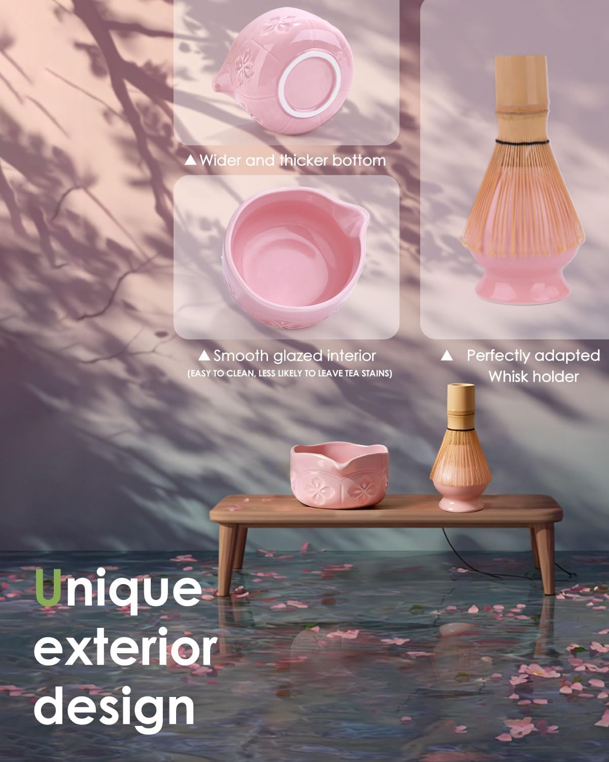 Matcha Whisk Set, Ceramic Matcha Set Includes Bowl with Spout, Whisk and Holder, Bamboo Scoop, Sifter and Tea Towel - 6 Pcs Matcha Kit Gift for Lovers Beginners (Pink)