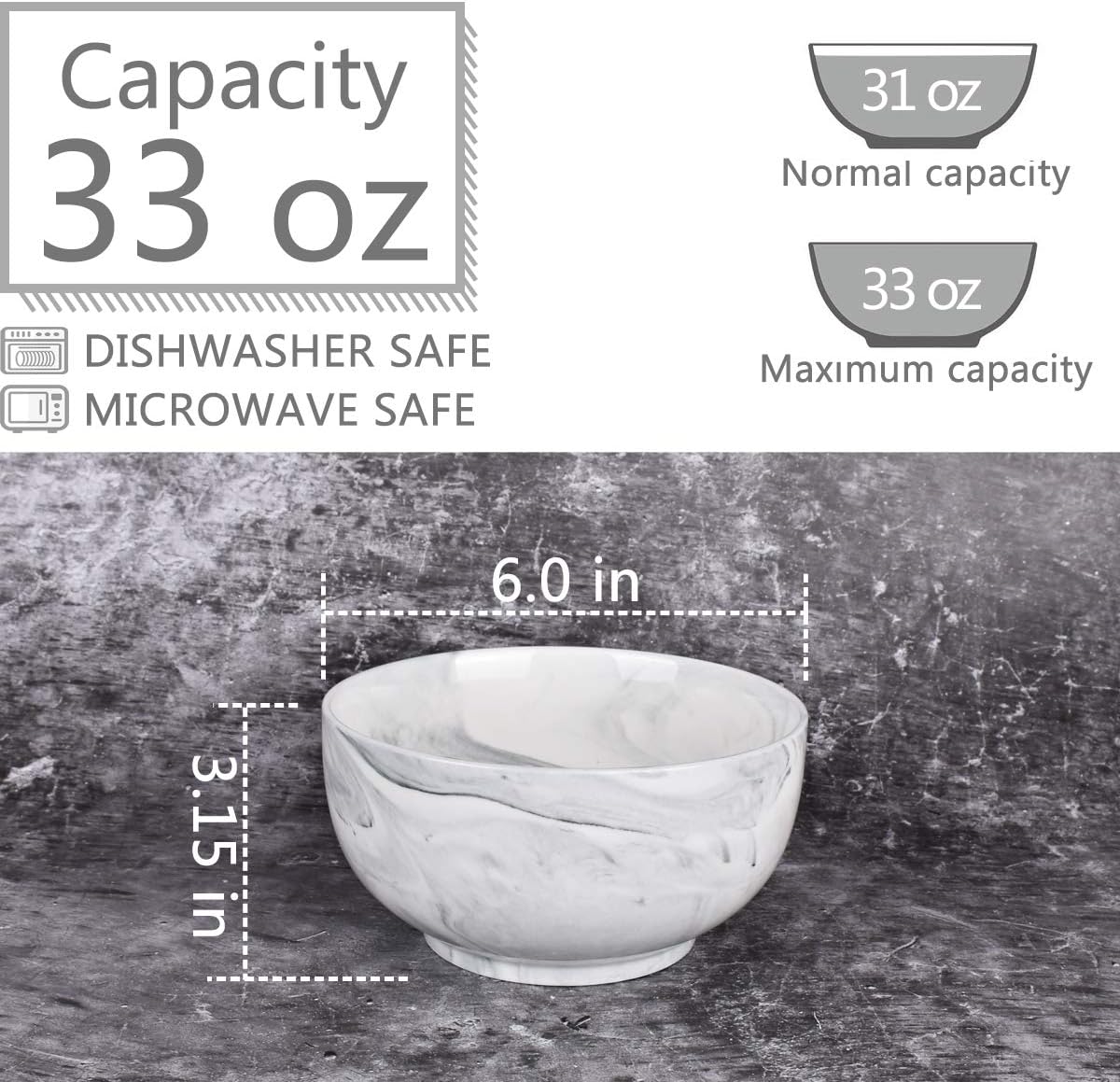 Bosmarlin Marbling Ceramic Bowl Set of 4, 33 Oz, Dishwasher and Microwave Safe (33 Oz, B-Grey Marbling)