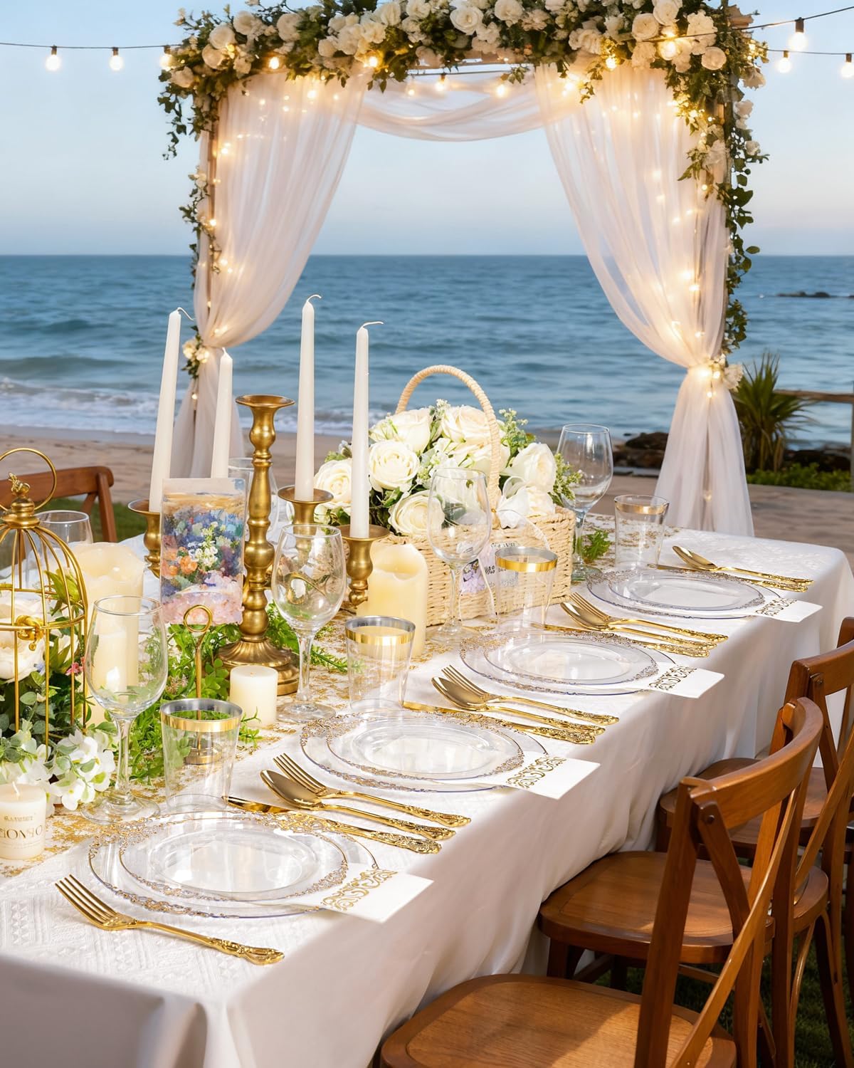 YOUBET 700PCS Clear Gold Plastic Plates - Elegant Gold Plastic Dinnerware Set Include 200 Disposable Plates, 300 Heavy Duty Silverware, 100 Cups, 100 Napkins for Wedding Party & Thanksgiving