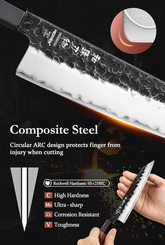 HEZHEN Kiritsuke Knife, 5.8 Inches Small Chef Knife, 3 Layers High Carbon Clad Steel, Composite Forging Steel Paring Knife, Redwood Octagonal Handle