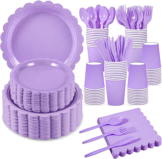 350 Pcs Lavender Paper Plates and Napkins, Easter Plates Light Purple Party Supplies Include Light Purple Scalloped Plate Napkins Cups Plastic Spoon Fork Knive for Baby Shower, Wedding, Birthday