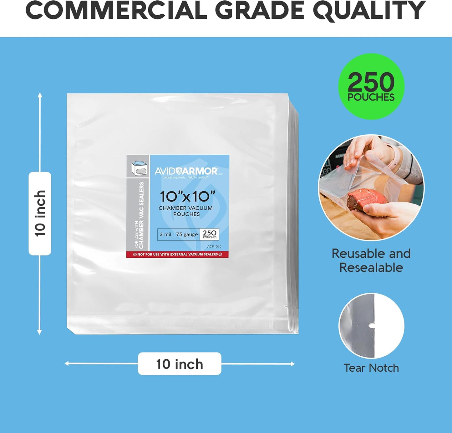 Avid Armor Chamber Vacuum Sealer Bags – Heavy Duty, BPA-Free, Pre-Cut Chamber Vacuum Bags for Food Preservation, Freezer Storage, Sous Vide and more, 250/Pack (10x10) – Multi-Use Vacuum Bags