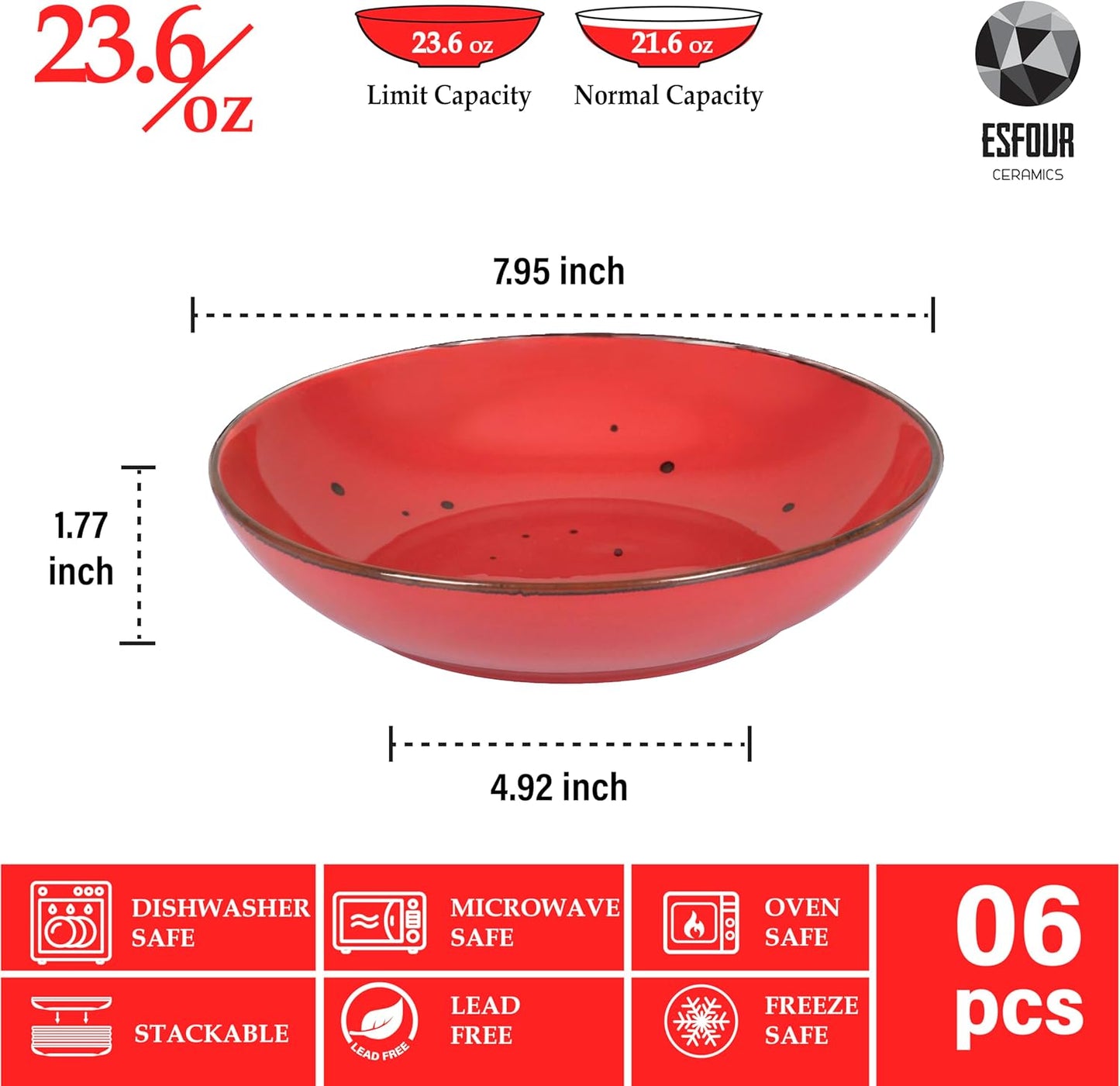 Esfour 8 Inch Porcelain Pasta Bowl, 23.6 Ounces Salad Bowls, Microwave & Dishwasher Safe, Sturdy & Stackable, Set of 6 Ceramic bowls Plates Set, Wide Shallow salad Bowls Set, Vivid Assorted Colors