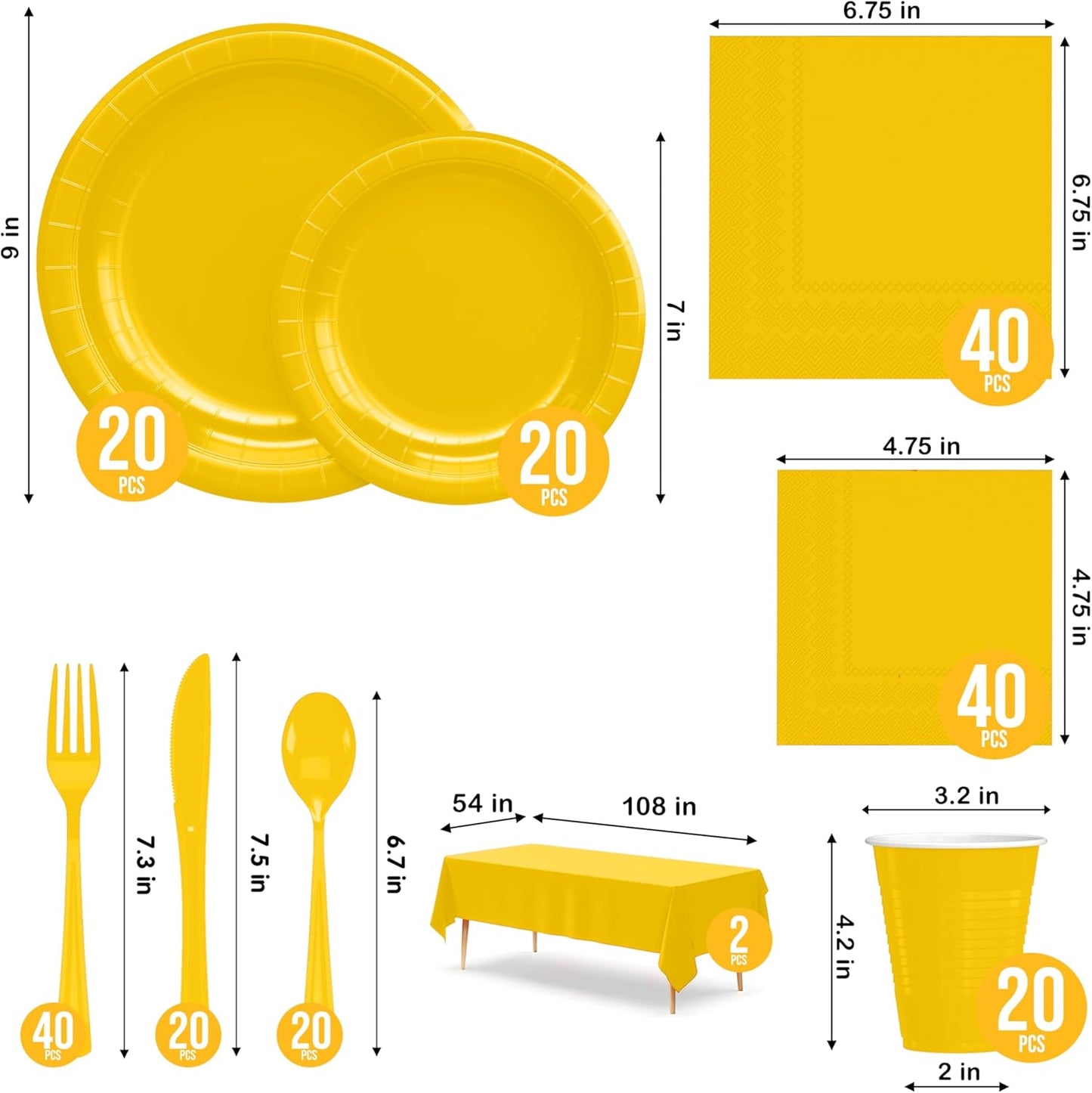 222 Pcs Yellow Paper Plates and Napkins Sets, Disposable Plates For Party, Lunch & Cocktail Napkins Paper, 18oz Plastic Cups, Cutlery and Yellow Table cloth Plastic Dinnerware Set
