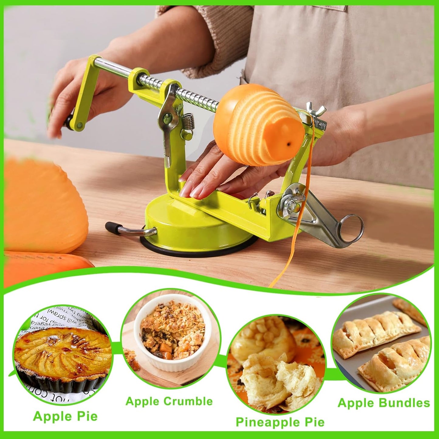 Apple Peeler Corer, Long lasting Chrome Cast Magnesium Alloy Apple Peeler Slicer Corer with Stainless Steel Blades and Powerful Suction Base for Apples and Potato(SpringGreen)