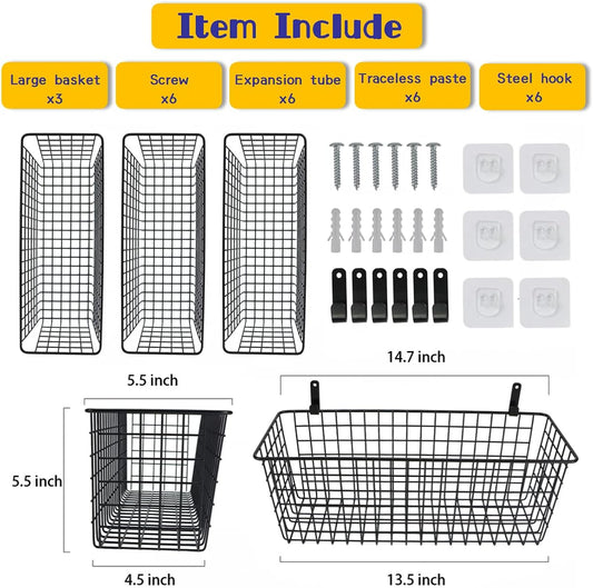 Joben Oligey 3 Set [Extra Large] Hanging Wall Baskets ,Wire Basket For Storage Pantry, Farmhouse Food Storage Kitchen Pantry Laundry Closet Garage RV ,Black