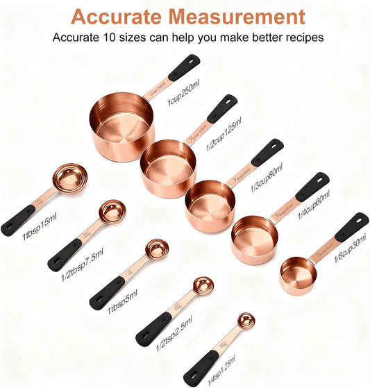 Measuring Cups and Spoons Set, Stainless Steel 10 Piece for Cooking and Baking (5 Cups + 5 Spoons, Rose Gold)