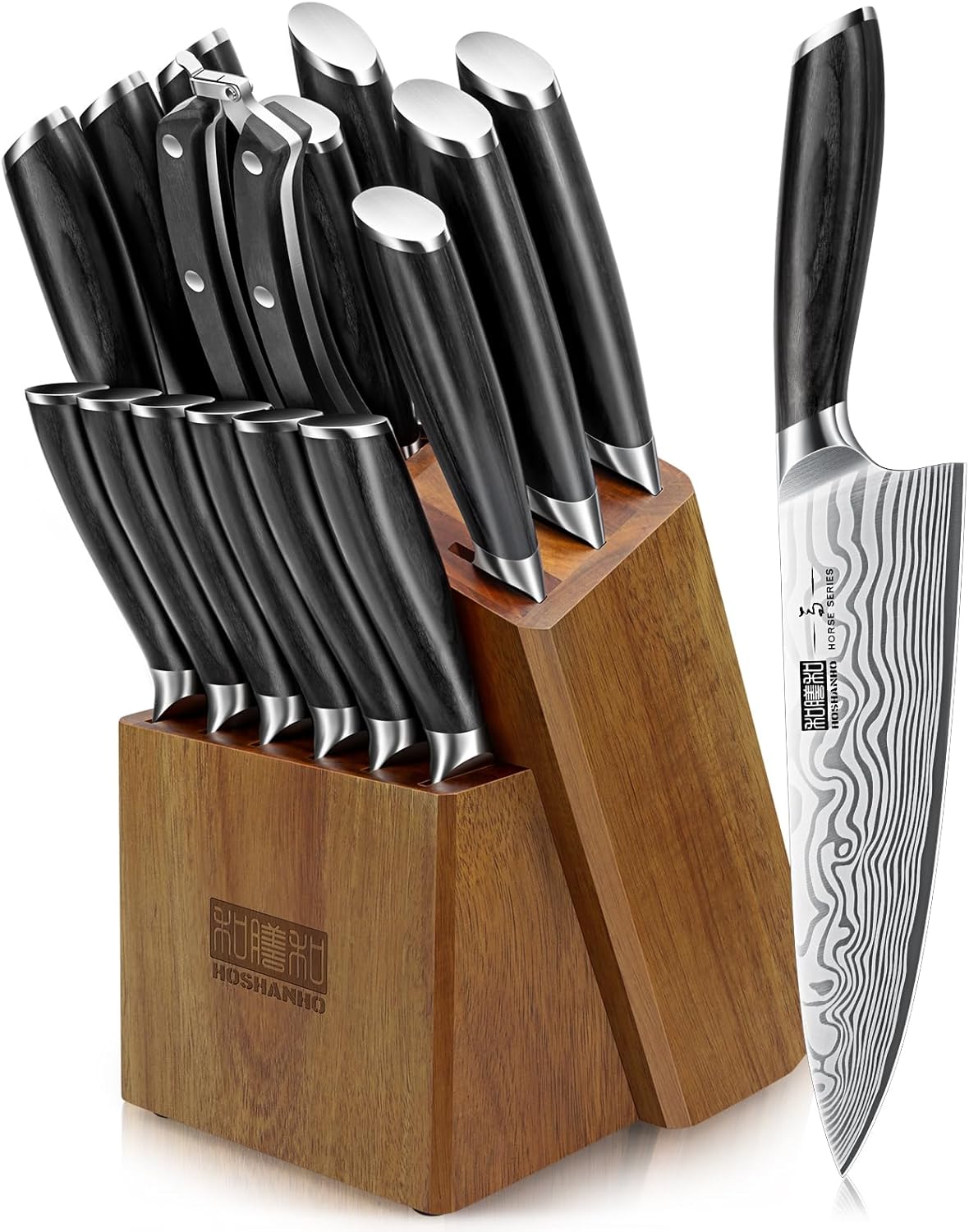 HOSHANHO 16-Piece Knife Set with Block, Ultra Sharp High Carbon Powder Steel Knife Block Set, Chef Knife Set Professional Kitchen Knives Set with Sharpener and Pakkawood Handle