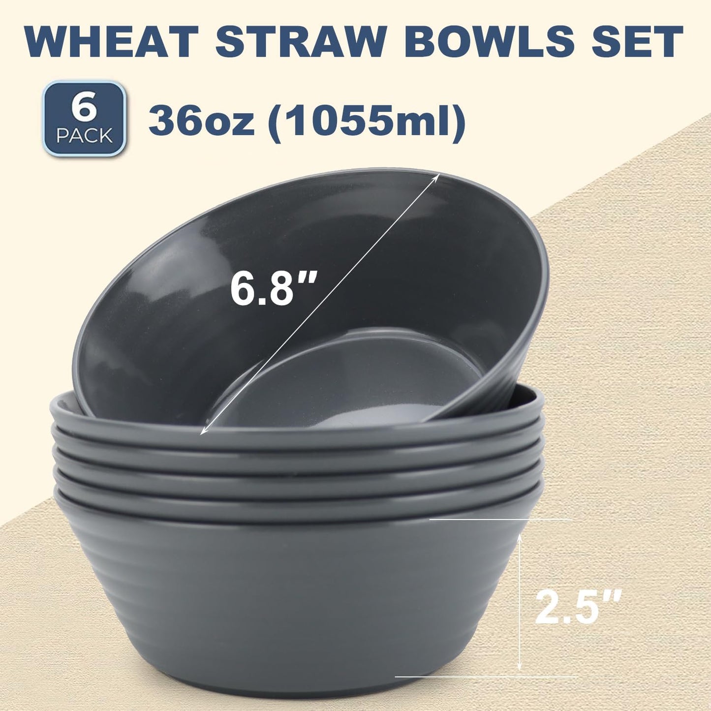 Wrova Wheat Straw Bowl Sets,6PCS Unbreakable Cereal Bowl 36 OZ,Microwave and Dishwasher Safe Bowls,Salad Bowls for Dorm,Apartment,Camping,Picnic (Deep Grey)