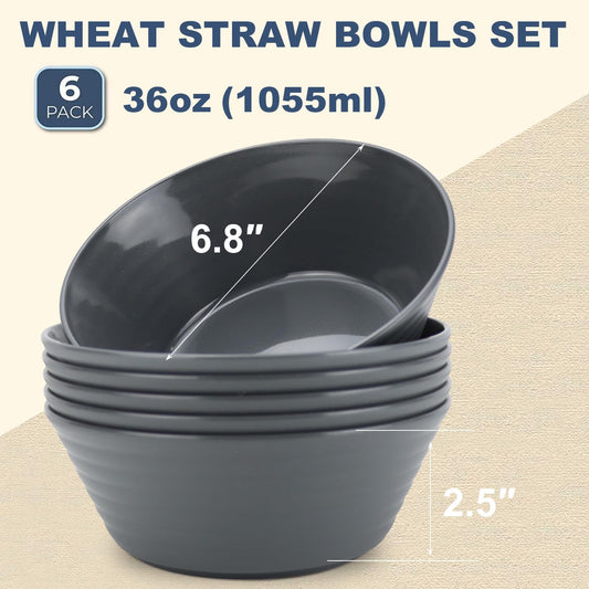Wrova Wheat Straw Bowl Sets,6PCS Unbreakable Cereal Bowl 36 OZ,Microwave and Dishwasher Safe Bowls,Salad Bowls for Dorm,Apartment,Camping,Picnic (Deep Grey)