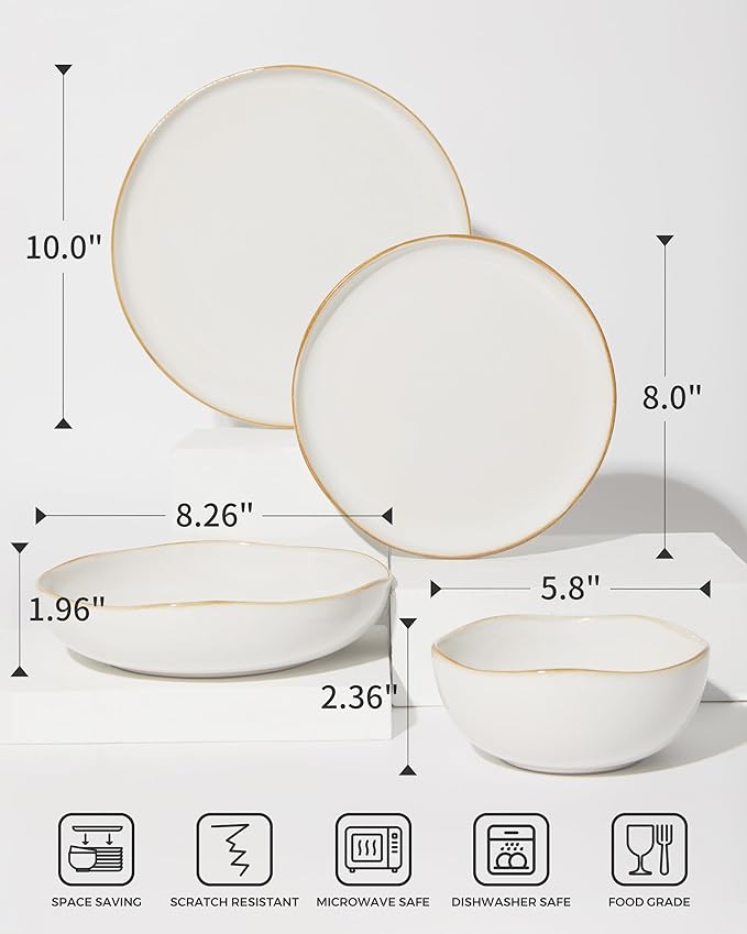 32 Piece White Dinnerware Set with Pasta Bowls, Reactive Glaze Stoneware for 8 | Perfect for Multi‑Course Dinners, Hosting Large Groups, Holiday Serving Needs