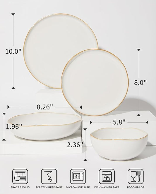 32 Piece White Dinnerware Set with Pasta Bowls, Reactive Glaze Stoneware for 8 | Perfect for Multi‑Course Dinners, Hosting Large Groups, Holiday Serving Needs