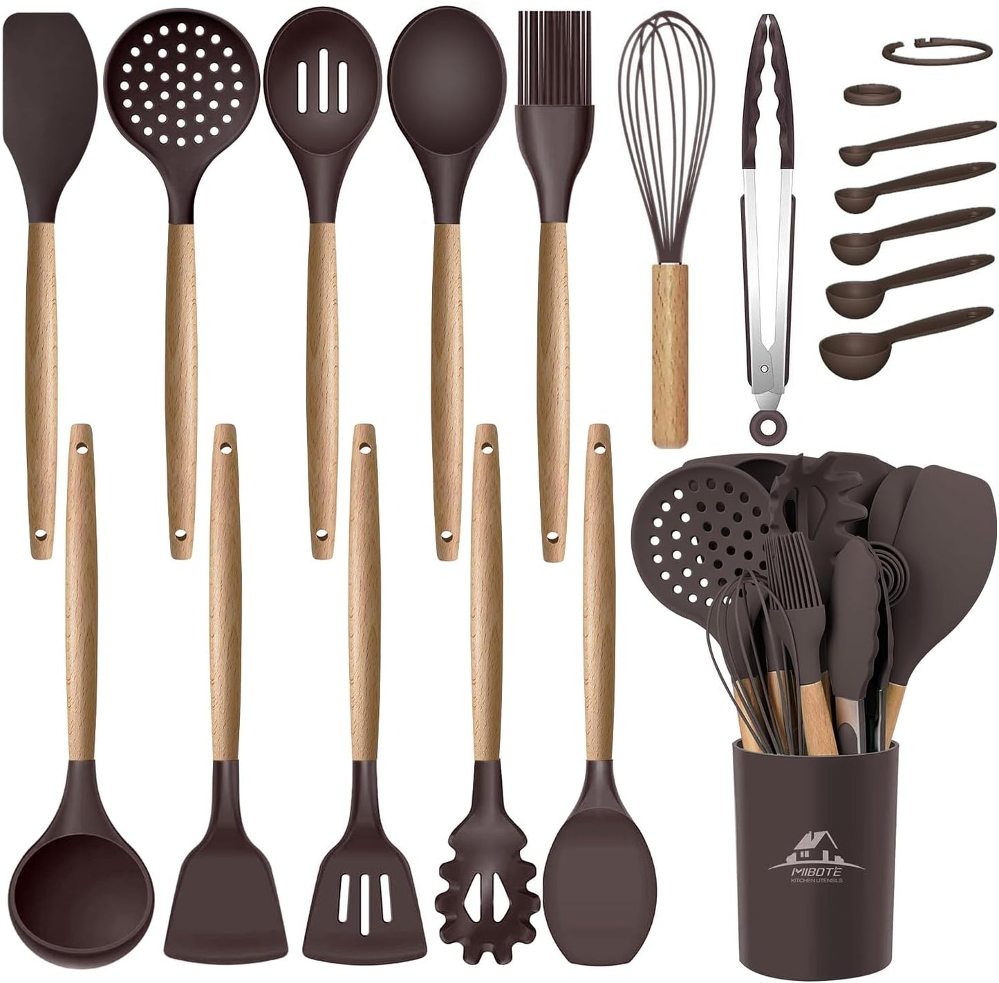 MIBOTE Silicone Cooking Kitchen Utensils Set with Holder, Wooden Handles BPA Free Non Toxic Silicone Turner Tongs Spatula Spoon Kitchen Gadgets Utensil Set for Nonstick Cookware (Coffee)