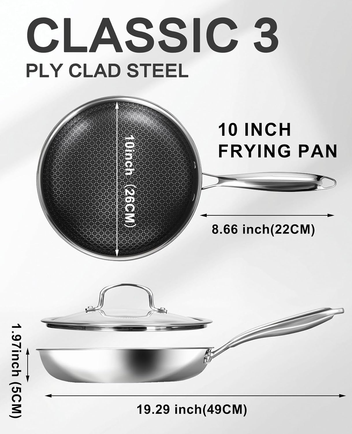 Non Stick Frying Pans with Lids, 10 Inch Fry Pan, Hybrid Large Frying Pan with Lid, Nonstick Skillet Stainless Steel, Dishwasher & Oven-Safe, Induction Compatible Cooking Pan