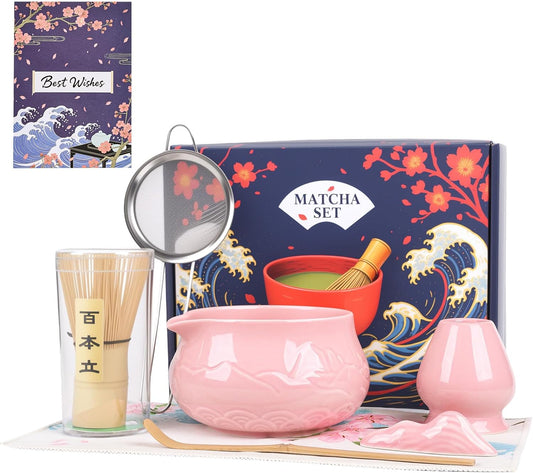 Evoio Matcha Whisk Set with Bowl, 8 Pcs Matcha Kit with Ceramic Matcha Whisk Holder, Scoop Holder, Sifter, Tea Towel, Greeting Card, Bamboo Whisk and Scoop, Pink Matcha Gift for Matcha Tea Lovers