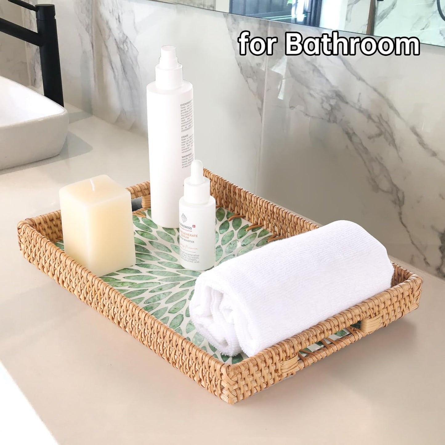 Rectangle Rattan Tray with Mother of Pearl Inlay, Rattan Serving Tray with Handle for Coffee, Bread, Fruits, Snacks, Decorative Wicker Tray for Table Decor (Rectangle Green Leaf, 13"×9")