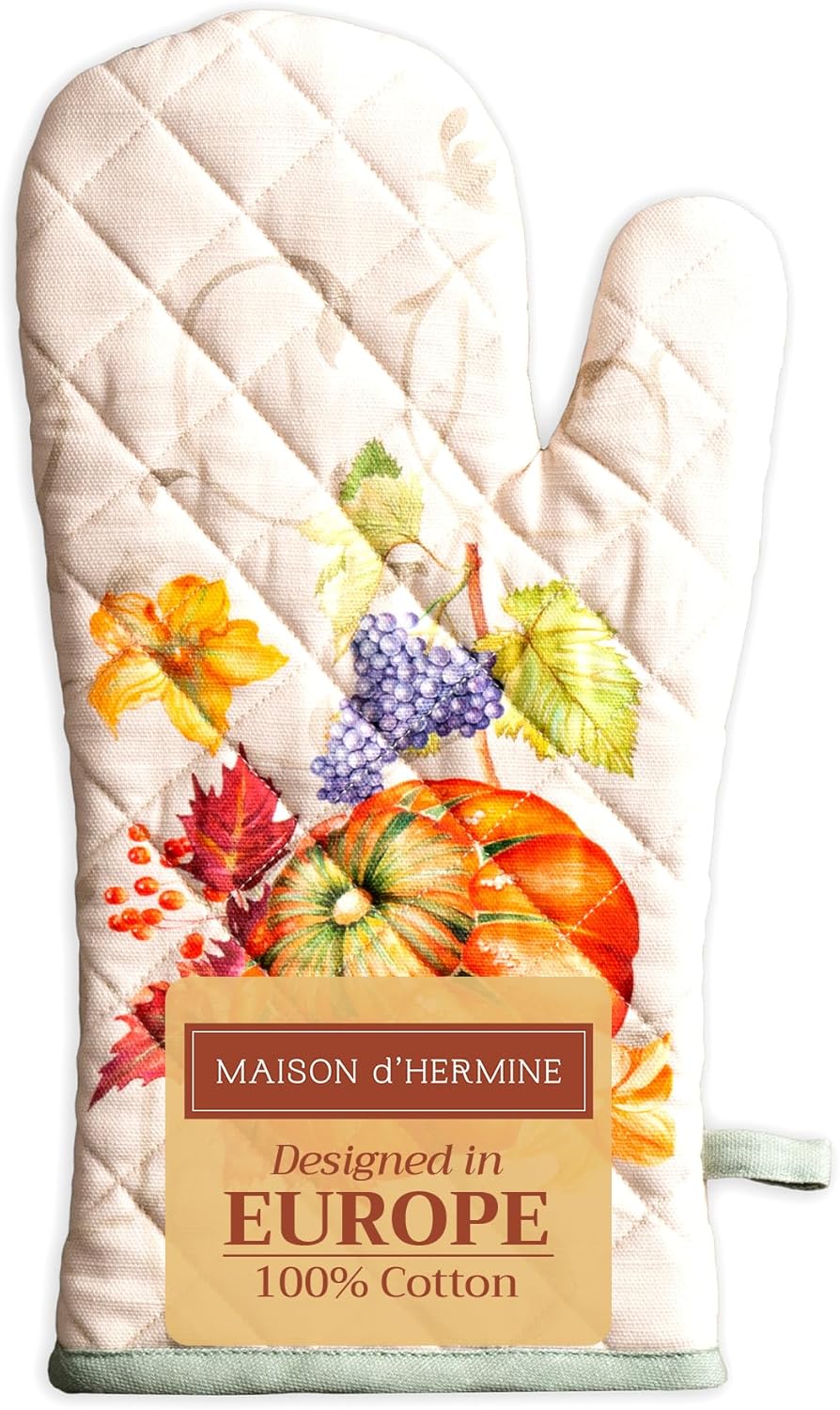 Maison d' Hermine Oven Gloves 100% Cotton Oven Mitt 7" x 13" with Loop Heat Resistant BBQ Cooking Gloves for Thanksgiving Christmas Decorations Baking Handling Hot Pans (Pack of 1, Lumina)