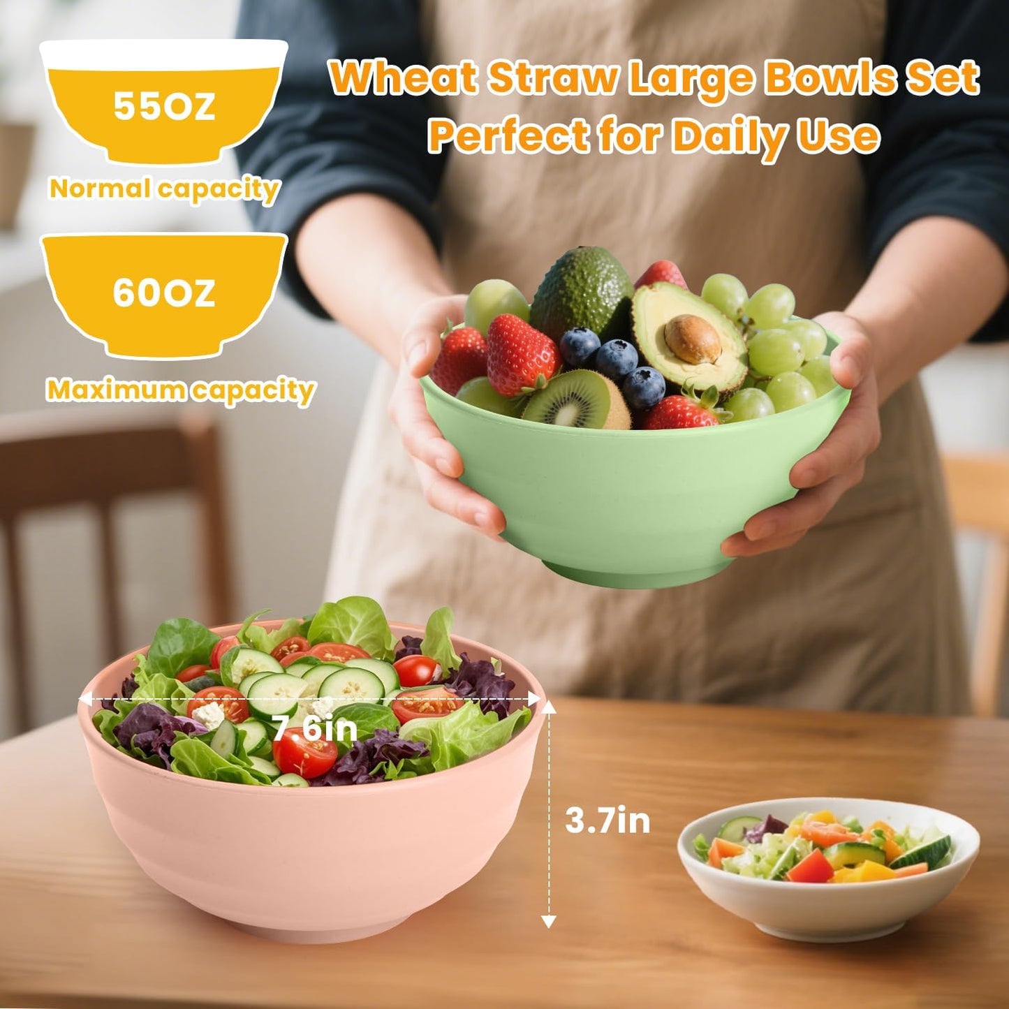 60 OZ Big Salad Bowls,Large Soup Bowl Set of 8,Wheat Straw Bowls,Serving Bowl for Wedding Parties,Microwave and Dishwasher Safe Bowls for Salad,Soup,Serving,Oatmeal Big Bowls for Kitchen - Light Color