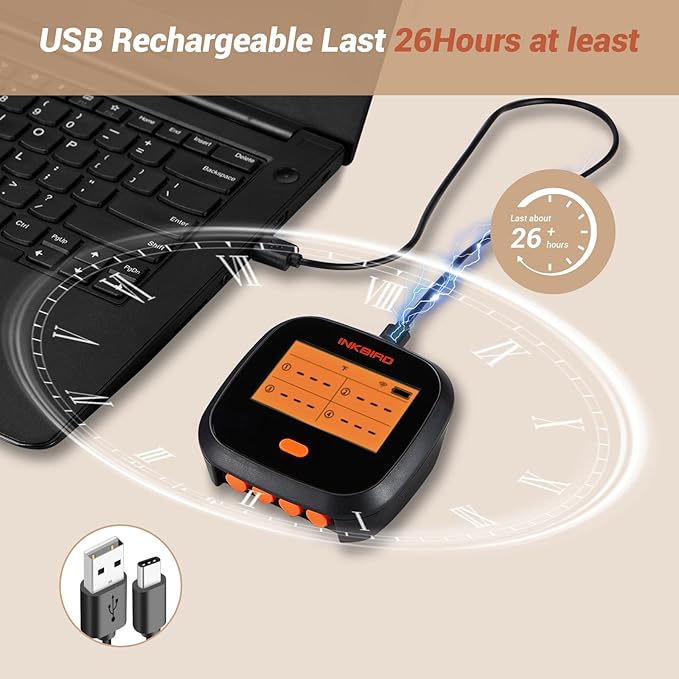 INKBIRD WiFi Meat Thermometer IBBQ-4T, Wireless WiFi BBQ Thermometer for Smoker, Oven | APP Calibration Temp Graph | Mobile Notification Timer Alarm | Rechargeable Digital Grill Thermometer, 4 Probes