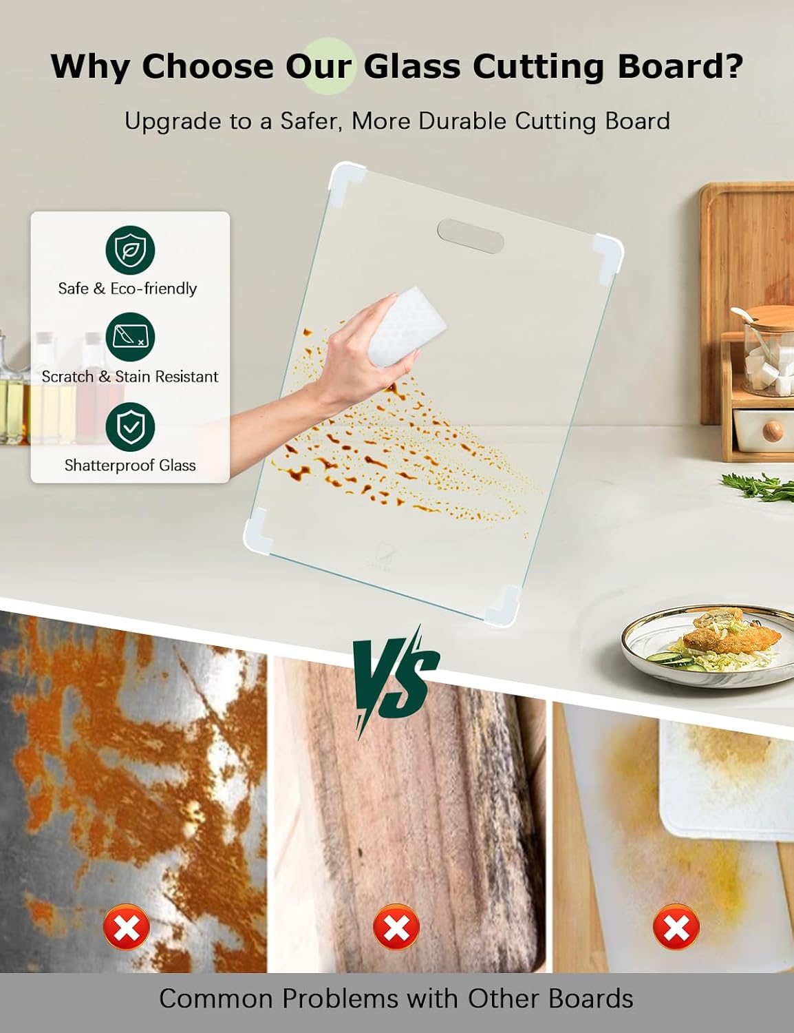 Tempered Glass Cutting Board Set, Large 16"x12" Glass Cutting Board for Kitchen with 4 Non-Slip Feet, Heat & Shatter Resistant Glass Cutting Board Dishwasher Safe, Perfect Kitchen Gift & Decor-Clear