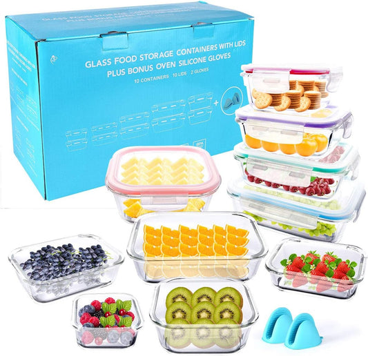 20 Pc Glass Food Storage Containers with Snap Lock Lids, Airtight & Leakproof, Bonus 2 Oven Silicone Gloves, Safe for Dishwasher, Oven, Microwave,Freezer, BPA Free