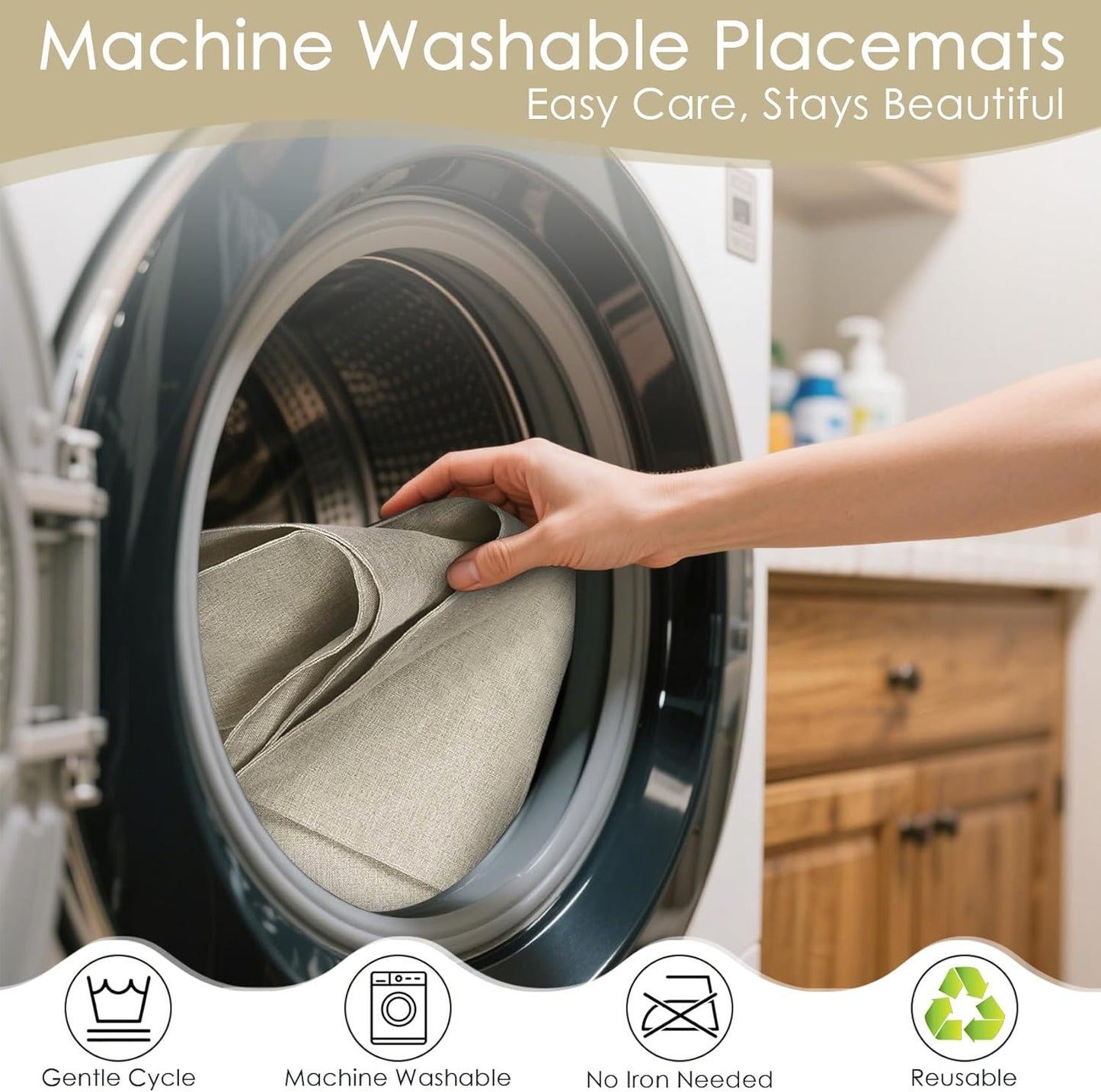 MANSPHIL Table Cloth Placemats Set of 4 Washable Cotton Thick Faux Linen Place Mats Heat Resistant Double Layer Fabric Wrinkle Free Dining Kitchen Table Decor - 13x19 Inch Beige Oeko Tex Placemat
