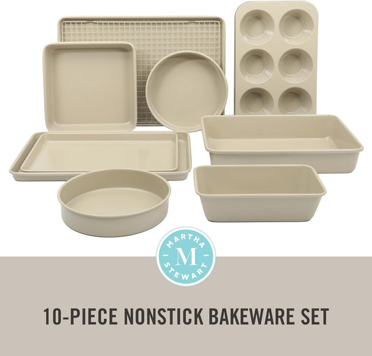 Martha Stewart Gallen 10 Piece Baking Pans Ceramic PFA Free Non Toxic Non Stick Bakeware Set - Taupe