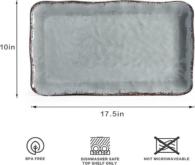 LEHAHA Melamine Crackled Rustic Serving Platter Set of 2, Farmhouse Large Rectangle Trays for Food, Entertaining and Party Use, 17.5"x 10", Grey