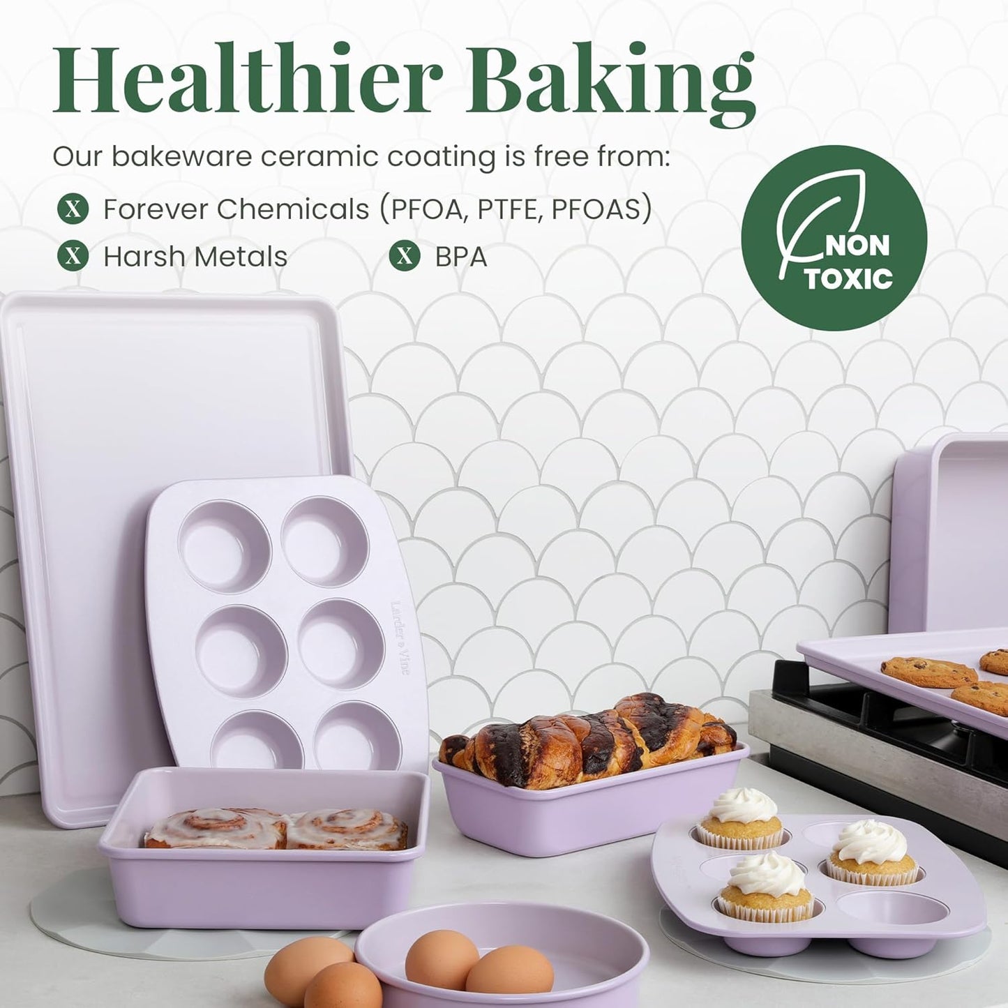 Larder & Vine 8-Piece Bakeware Set | Non-Stick Baking Set with Ceramic Finish | PFAS, PFOA, PTFE, and BPA Free Baking Essentials | Baking Sheets, Muffin Tins and Assorted Baking Pans | Lavender