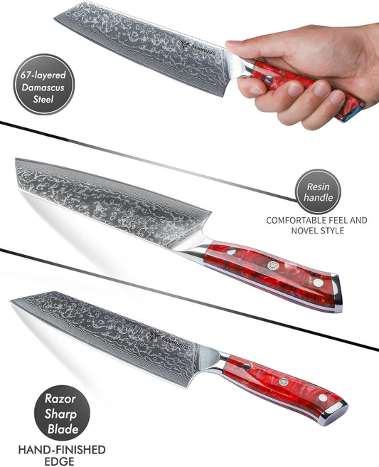 8.5 inch Kiritsuke Kitchen Chef Knife - 67 Layers Damascus Steel & Resin Handle - Xuan Series(Sunset Red)