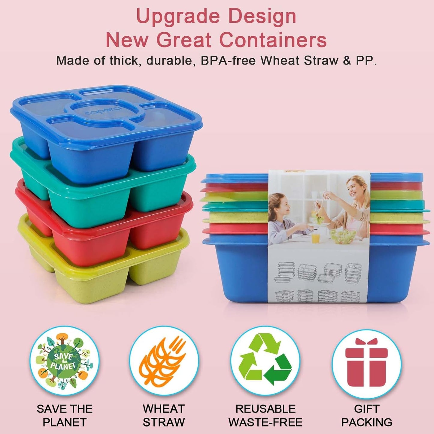 Caperci Original Bento Snack Box Containers - Reusable 5-Compartment Lunchable Food Storage Containers for School, Work and Travel, BPA-Free, Set of 4 (Jewel Bright)