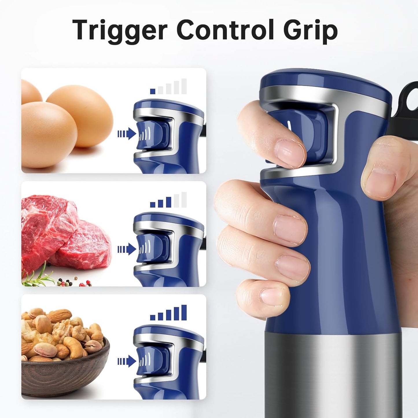 Immersion Blender Handheld Corded Hand Blenders Set 1100W, Trigger Variable Speed 5 in 1 Stick Emulsifier with Chopper, Whisk and Frother for Soup, Baby Food and Smoothies, Navy Blue