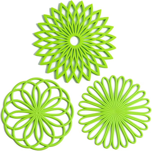 Set of 3 Silicone Trivet Mat - Hot Pot Holder Hot Pads for Table & Countertop - Trivet for Hot Dishes - Non-Slip & Heat Resistant Modern Kitchen Hot Pads for Pots & Pans, Lime Green