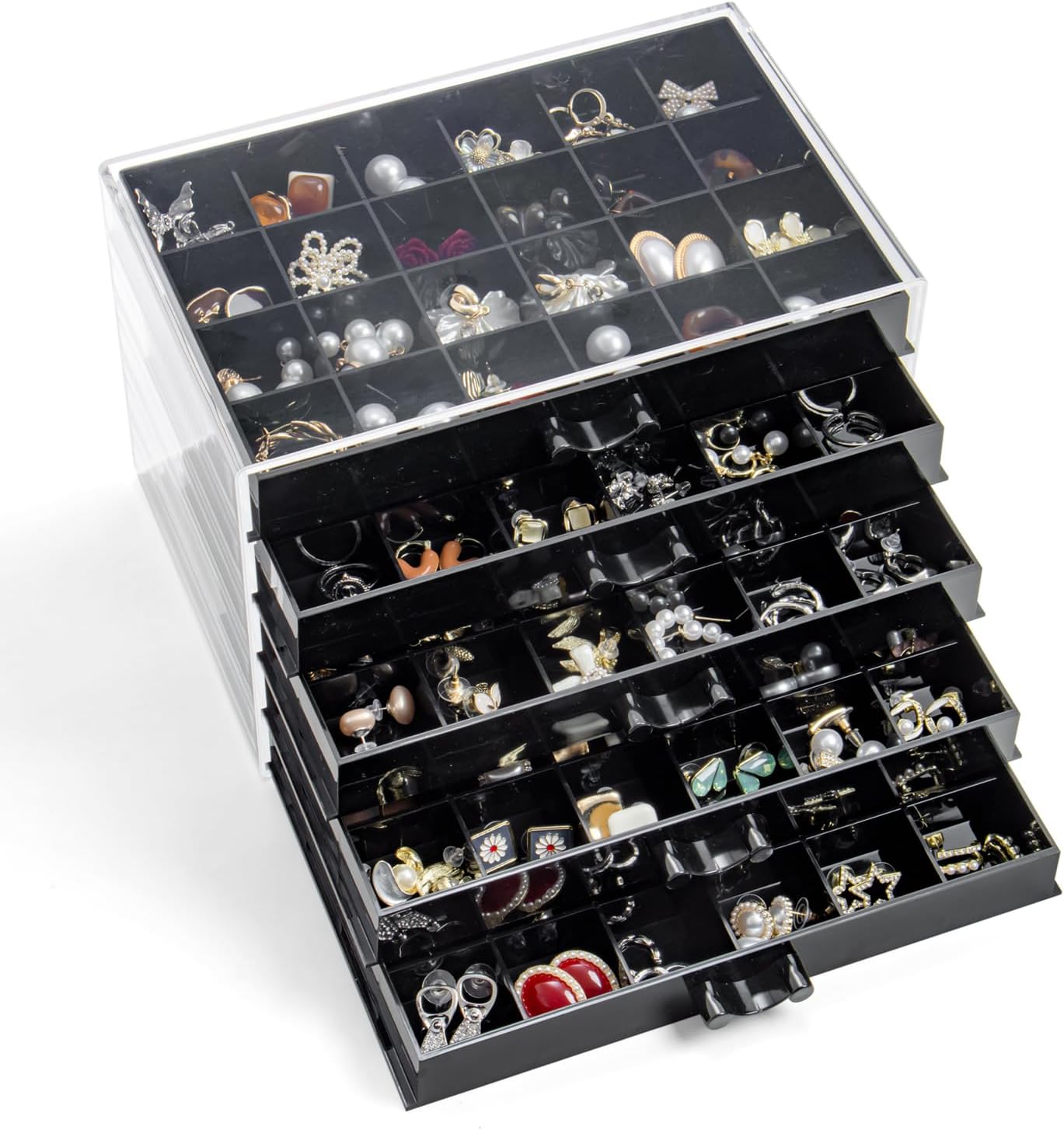 Earring Storage Box Organizer, Acrylic Jewelry Storage Box Holder 5 Drawers Transparent Jewelry Display Stand with 120 Small Compartments Gift Boxes for Women Girls (Black)