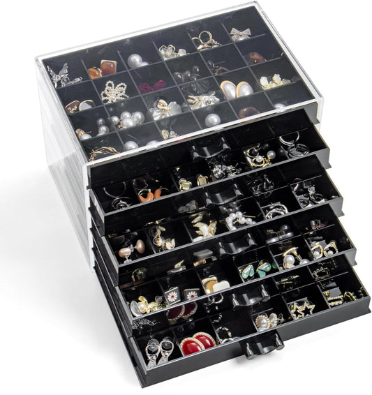 Earring Storage Box Organizer, Acrylic Jewelry Storage Box Holder 5 Drawers Transparent Jewelry Display Stand with 120 Small Compartments Gift Boxes for Women Girls (Black)
