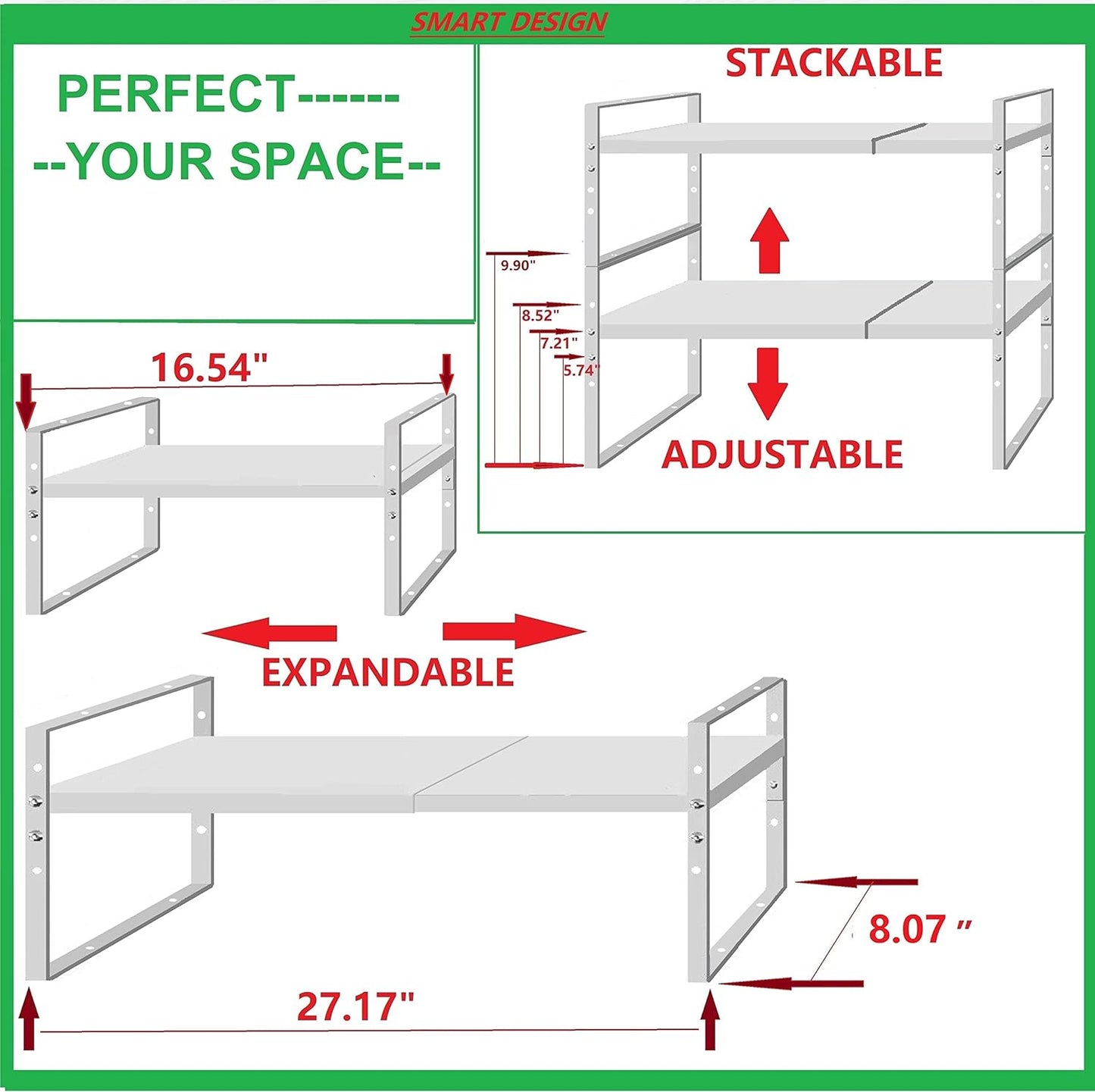 Expandable Stackable Spice Rack Cabinet Shelf Organizer in Cabinets Shelves Kitchen Cupboard Organization Stack up Racks Pantry Countertop Storage Medium/White 2 Packs