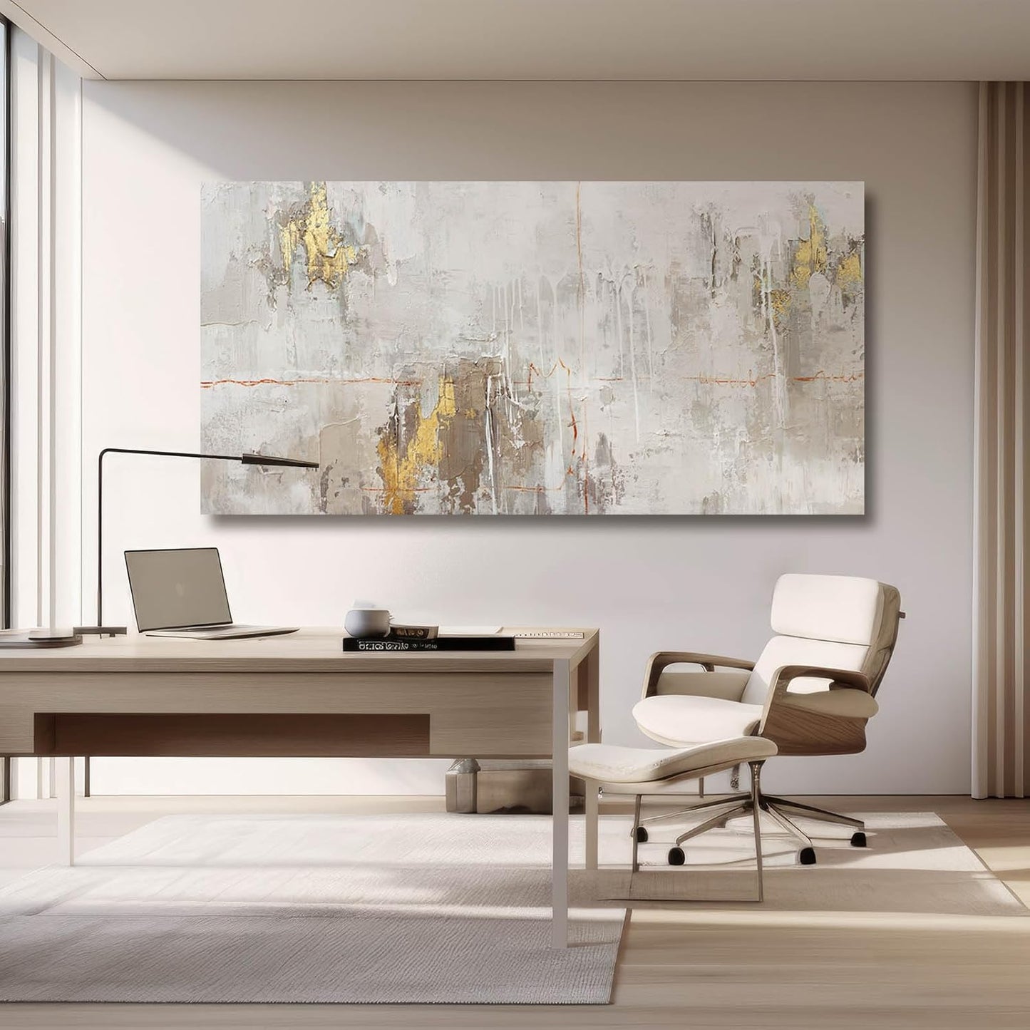 VAYIMDH White Abstract Artwork Home Decor Textured Wall Art for Office Master Bedroom Wall Decor Gold Painting for Walls 24x48 Inch Living Room Picture