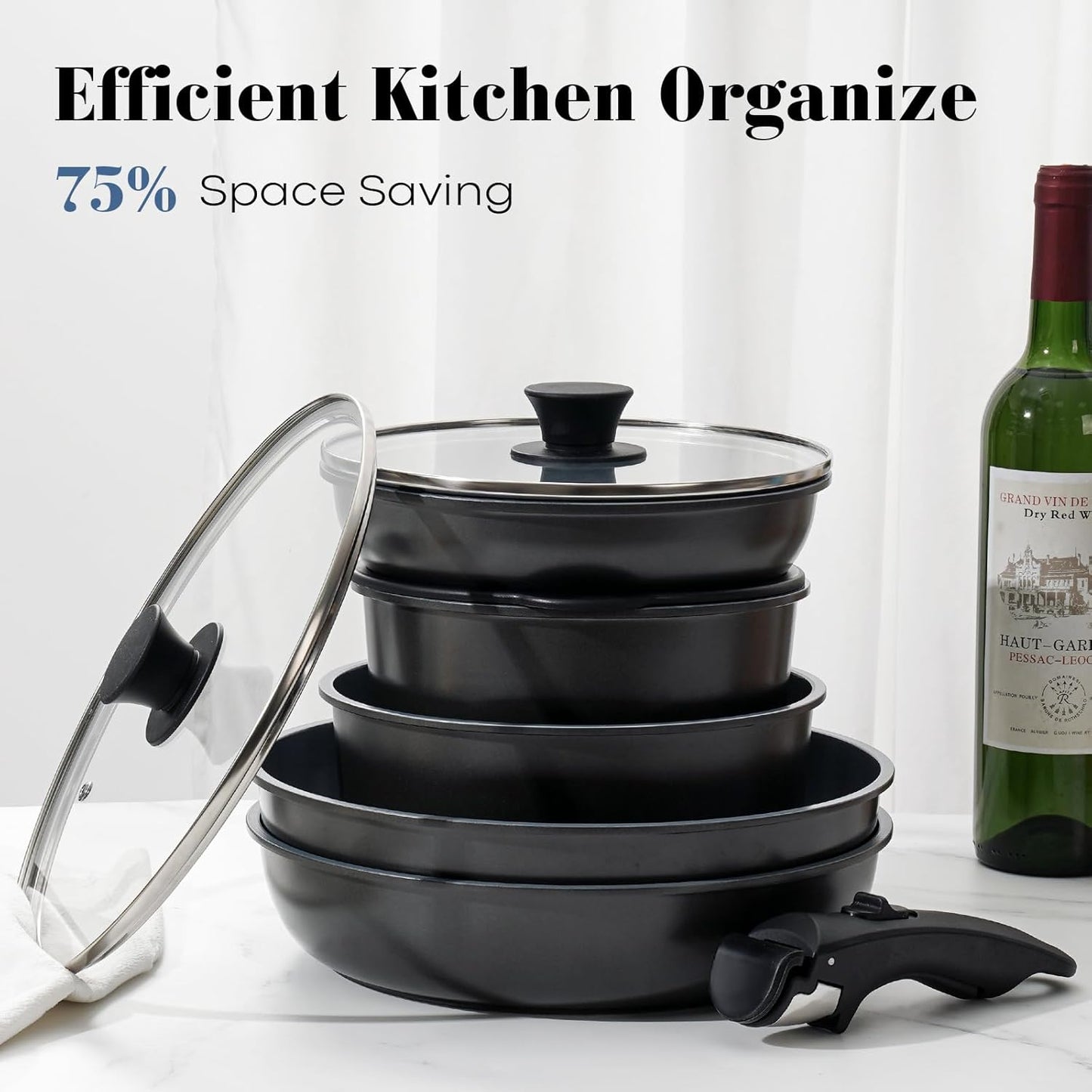 15 Pcs Pots and Pans Set Non Stick, Detachable Handle Ceramic Cookware Sets Nonstick, Non Toxic Induction RV Kitchen Cooking Set with Removable Handles, Dishwasher/Oven Safe, Easy Clean