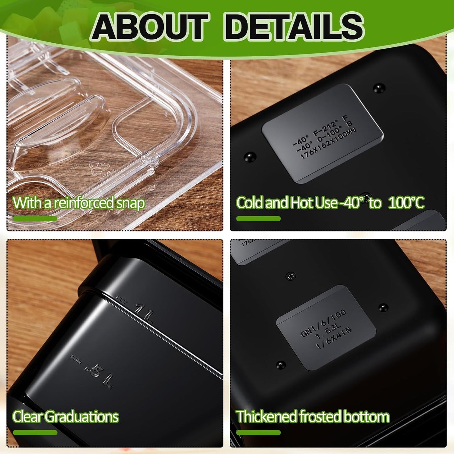 Geetery 12 Pack 4'' Deep Polycarbonate Food Pan with Lid Stackable Plastic Pan Restaurant Food Storage Containers with Hinged Lids for Hotel Supplies (Black)