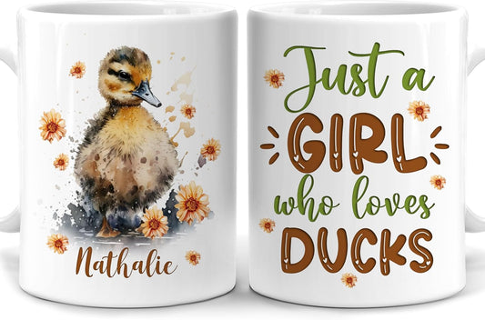 Hyturtle Personalized Gifts Duck Lover - Just A Girl Who Loves Ducks Custom Name Ceramic Coffee Mug Cup 11oz - Idea Cute Animal Lover Gifts For Women, Girl Daughter On Birthday, Christmas