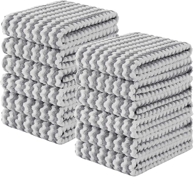 Homaxy Kitchen Towels(12 Pack, 10 x 20 inches), Ultra Soft and Absorbent Dish Towels, Reusable Fast Drying Microfiber Cleaning Cloth, Coral Velvet Wave Design No-lint, Grey