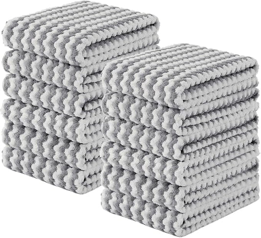 Homaxy Kitchen Towels(12 Pack, 10 x 20 inches), Ultra Soft and Absorbent Dish Towels, Reusable Fast Drying Microfiber Cleaning Cloth, Coral Velvet Wave Design No-lint, Grey