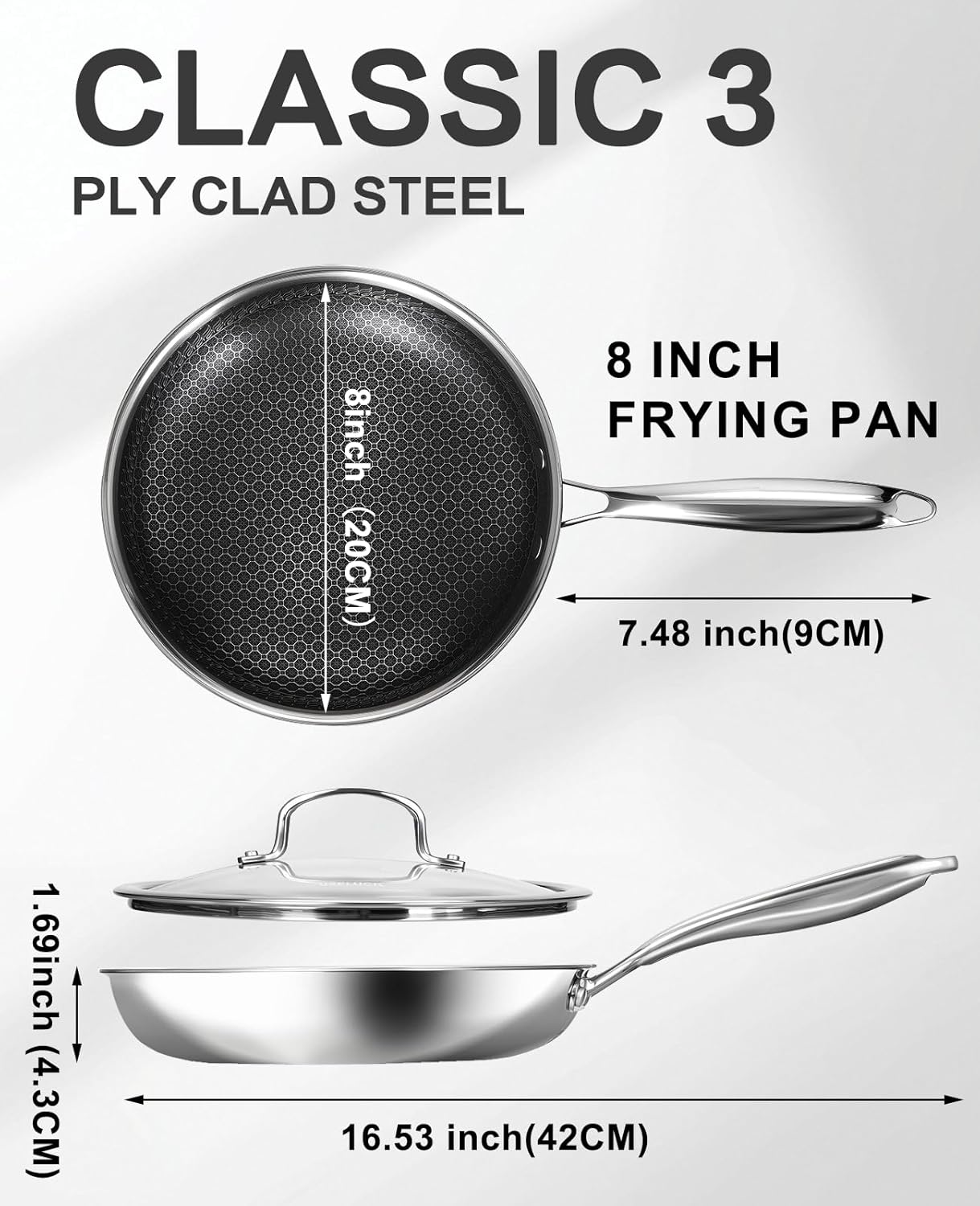 Non Stick Frying Pans with Lids, 8 Inch Fry Pan, Hybrid Large Frying Pan with Lid, Nonstick Skillet Stainless Steel, Dishwasher & Oven-Safe, Induction Compatible Cooking Pan
