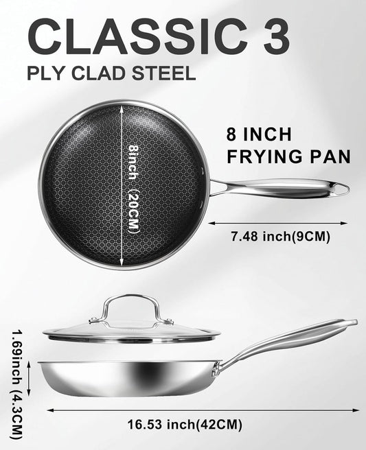 Non Stick Frying Pans with Lids, 8 Inch Fry Pan, Hybrid Large Frying Pan with Lid, Nonstick Skillet Stainless Steel, Dishwasher & Oven-Safe, Induction Compatible Cooking Pan