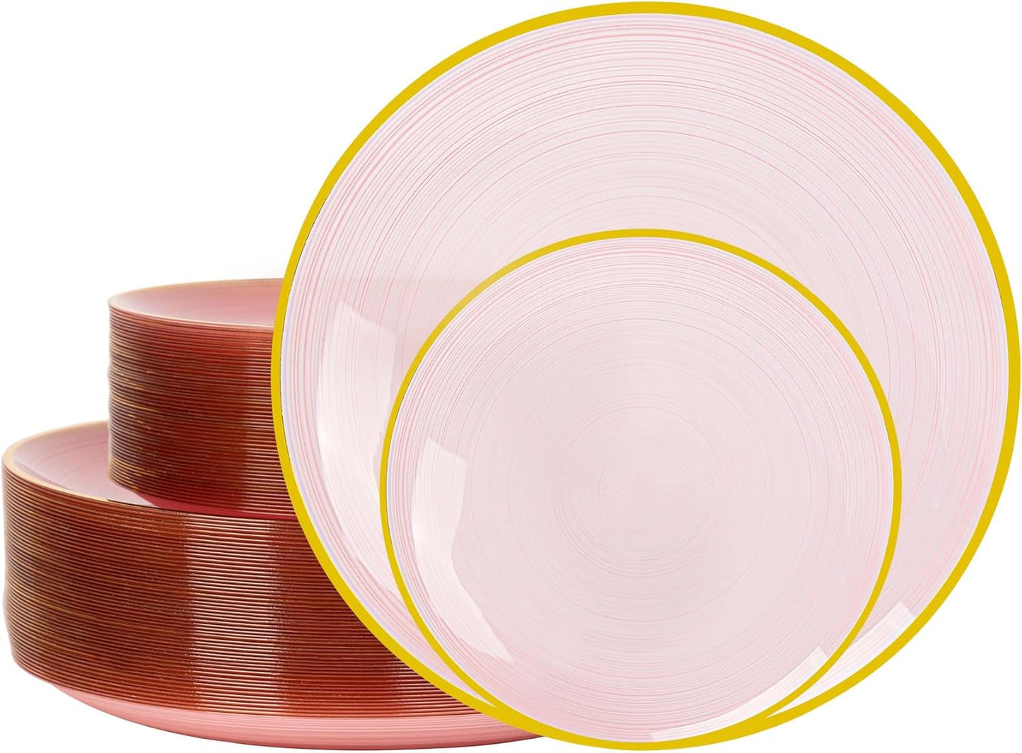 100PCS Pink Plastic Plates-Crystal Design Pink Disposable Plates with Gold Rim, Fancy Disposable Plates Include 50 Dinner Plates, 50 Dessert/Salad Plates for Party & Wedding