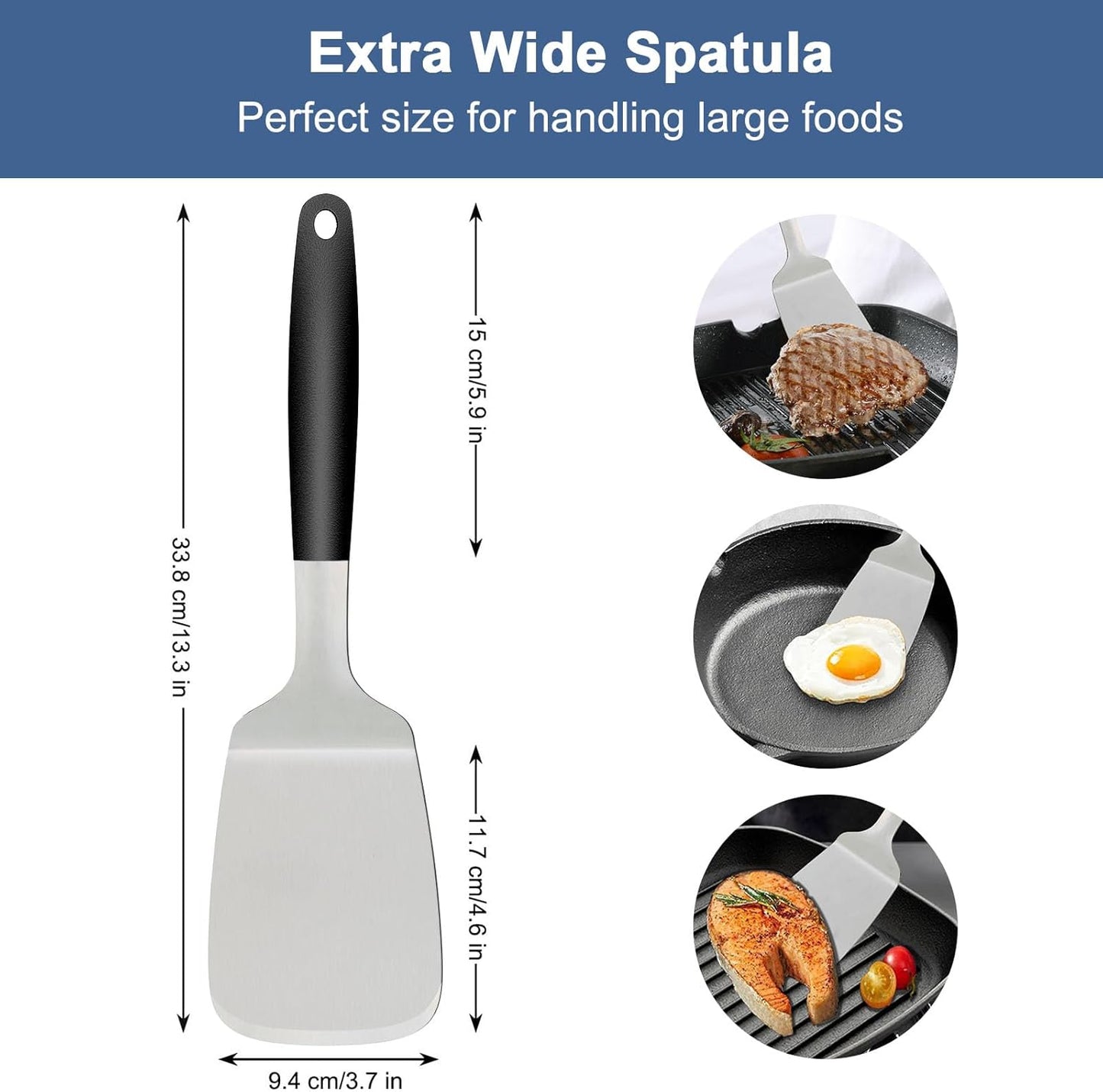 Stainless Steel Spatulas Set, 13.3 inch Metal Spatula, Full Tang Solid and Slotted Turner for Cooking Cast Iron Skillet, Heat Resistant Silicone Handle (Solid 4.6"x3.7")